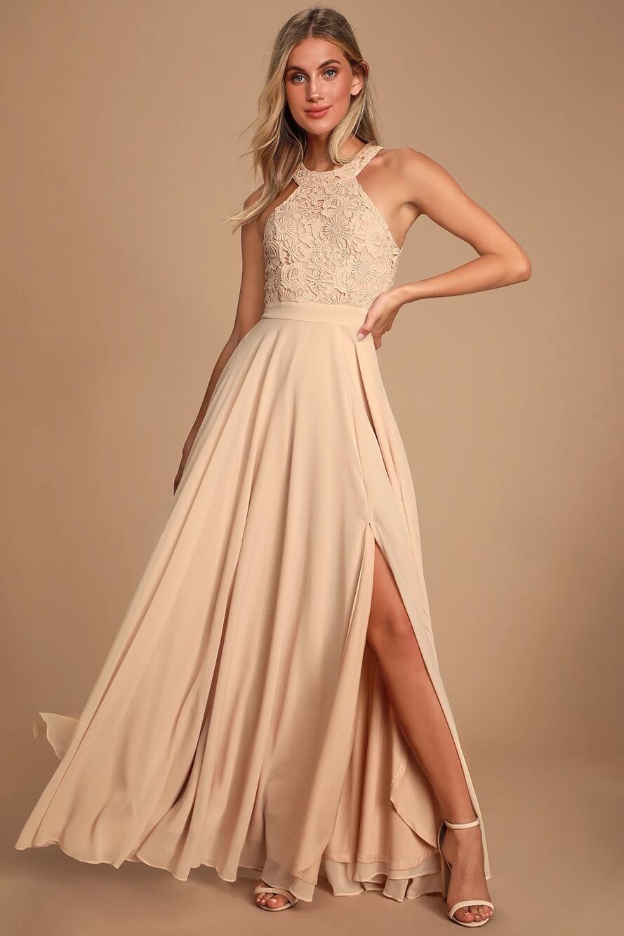 Lulus Picture Perfect Blush Lace Bodice Maxi Dress Large Bridesmaid Formal NWT